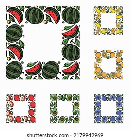 set of different seamless fruit frames. doodle vector fruit background with place for text
