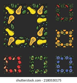 set of different seamless fruit frames. doodle vector fruit background with place for text