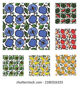 set of different seamless fruit patterns. doodle vector fruit background