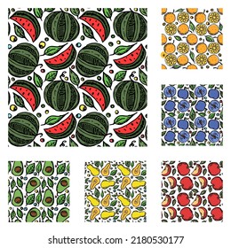 set of different seamless fruit patterns. doodle vector fruit background