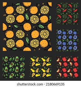 set of different seamless fruit patterns. doodle vector fruit background