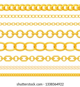 Set of different seamless gold chains isolated on white background. Golden chains brush for your design. Vector illustration.