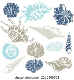 Set of different seashells silhouettes. Marine dwellers. Concept of sea and ocean life. Vector illustration