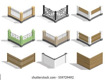 Set of different sections of the fence in vector graphics