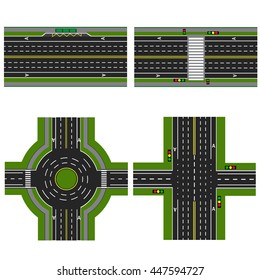 Set of different sections of the highway with a circular motion, isolated. Image sidewalks, transition lanes for public transport. View from above. Vector illustration
