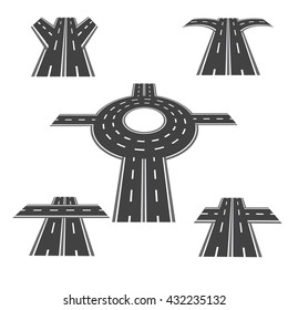 Set of different sections of the road with roundabout intersections, and a variety of different angles in the long term. Vector illustration