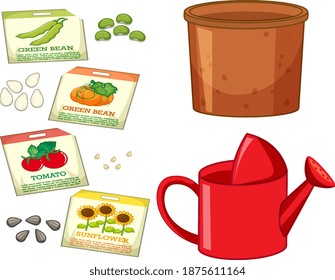 Set of different seeds in package with gardening tools illustration