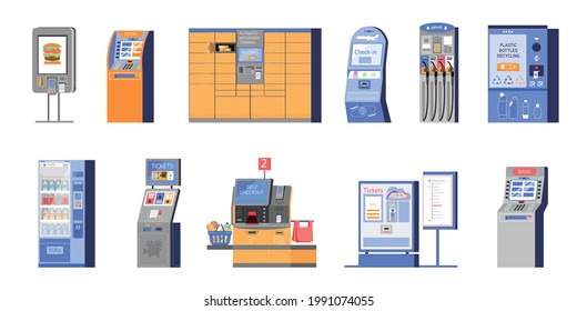 Set of different self service terminals flat isolated vector illustration