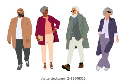 Set of different senior business people standing, walking, wearing smart casual, formal office outfit. Aged men, women cartoon characters vector realistic illustrations on white background.