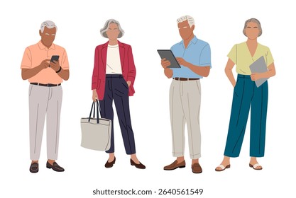 Set of different senior business people standing in smart casual summer outfits. Aged men, women with smartphone, tablet, bag. Vector realistic illustrations isolated on white background