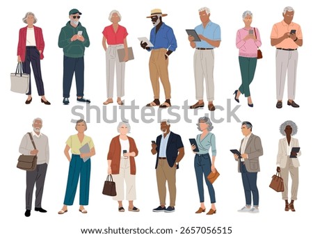 Set of different senior business people standing in smart casual office outfits. Aged men, women with smartphone, tablet, bag. Vector realistic illustrations isolated on white background