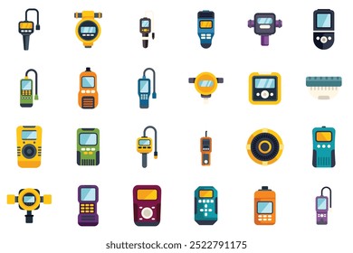 Conjunto de diferentes ícones de sensor em estilo plano mostrando vários equipamentos de medição coloridos