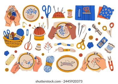 Set with different sewing and embroidery tools on white background. Colored flat vector illustration of printable backdrop