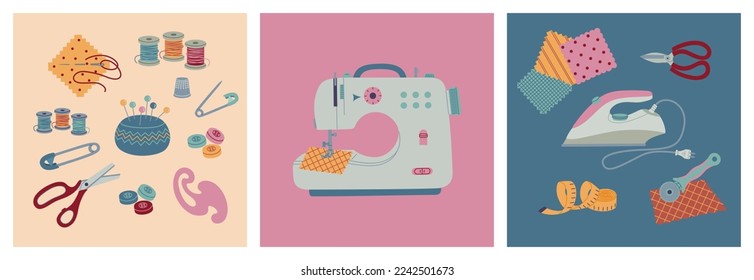 Set of different sewing tools and appliances. Elements for tailors, needlework and seamstress. Hand drawn color vector illustration isolated on colored background. Modern flat cartoon style.