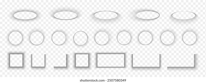 Set of different shadow effects. Realistic soft grey shapes. Square and rectangular, round and oval package, box or banner shades isolated on transparent background. Vector illustration.