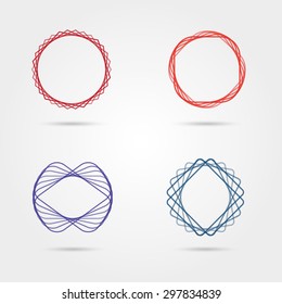 Set of different shape abstract business icons. Corporate, media, technology, style templates vector logo design. Consisting of a stroke grid translucent red and blue colors.