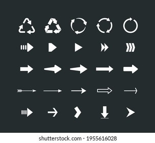 Set of different shape arrows isolated on black background. Vector illustration. Arrow icons.