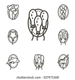 Set of different shape balloons. Star and hearts, dolphin and horse, ball and ovals. Black line vector icons. Party and celebrations symbols. Elements of web design for business and site.