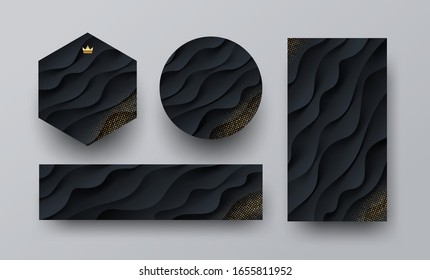 Set of different shape black banners with layered paper effect and golden halftone. Vector illustration.