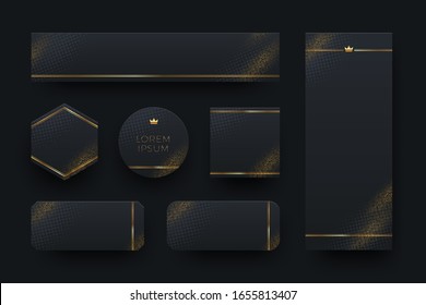 Set of different shape black banners with golden halftone and border. Vector illustration.