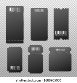 Set Of Different Shape Blank Black Ticket Mockups, Realistic Vector Illustration Isolated On Transparent Background. Pass Card Or Coupon For Film Or Festival Event.