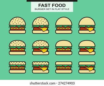 Set of different shape of burgers. Flat style. Vector