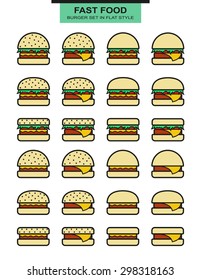 Set of different shape of burgers. Flat style. Vector