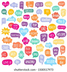 Set of different shape colorful speech bubbles with text isolated for posters design, stickers, vector illustration