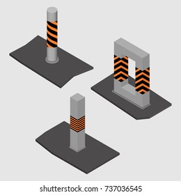 Set of different shape concrete columns and pillars, isolated on white background. Design elements of building materials and structures. Flat 3d isometric style, vector illustration.