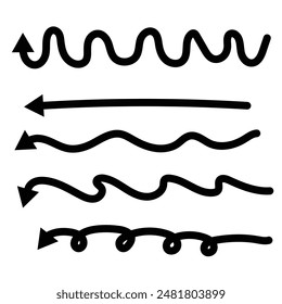Establecer flechas dibujadas a mano de forma diferente. Estilo Doodle curvado y flechas ondulantes. Diseño gráfico de Vector