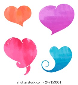 Set of different shape of hearts. Watercolor texture. Colorful. Isolated. Vector.