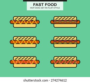Set of different shape of hotdog. Flat style. Vector