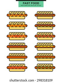 Set of different shape of hotdog. Flat style. Vector