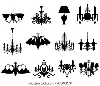 Set of Different Shape Modern and Ancient Lamps Silhouettes.  Elegant Royal Baroque Style and Modern Designs of Scones and Luster. . High Detail and Very Smooth. Vector illustration.