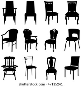 Set of Different Shape Modern and Ancient Chairs and Armchairs Silhouettes.  Elegant Royal Baroque Style and Modern Designs. High Detail and Very Smooth. Vector illustration.