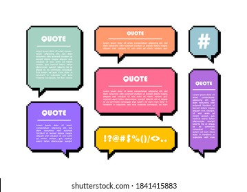 Set different shape pixel speech bubble. Geometric texting dialogue boxes. Colored quote box speech bubble. Modern vector illustration.