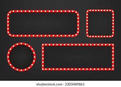 Set different shape retro bulb frame. Lightbox billboard with empty transparent background. Banner space for advertising, promotion and text, sale billboard, cinema, bar show. Vector illustration