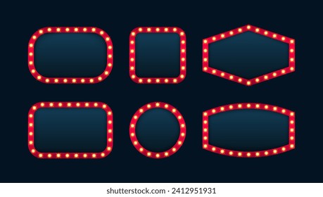 Set different shape retro bulb frame. Lightbox billboard with empty place for text isolated on dark background. Banner space for advertisement, promotion and text. Vector illustration.