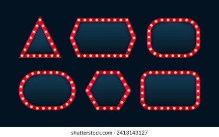 Set different shape retro bulb frame. Lightbox billboard with empty place for text isolated on dark background. Banner space for advertisement, promotion and text. Vector illustration.