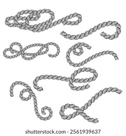 Set of different shape rope frame brush, border graphic, ornament, loop, strong, round, curve, textile, ornate vector

