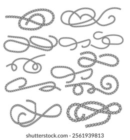 Set of different shape rope frame brush, border graphic, ornament, loop, strong, round, curve, textile, ornate vector

