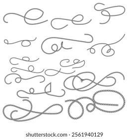 Set of different shape rope frame brush, border graphic, ornament, loop, strong, round, curve, textile, ornate vector

