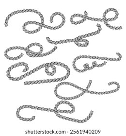 Set of different shape rope frame brush, border graphic, ornament, loop, strong, round, curve, textile, ornate vector


