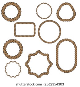 Set of different shape rope frame brush, border graphic, ornament, loop, strong, round, curve, textile, ornate vector

