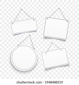 Set of different shape signboards. Blank sign with rope. Vector illustration