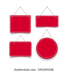 Set of different shape signboards. Blank sign with rope. Vector illustration