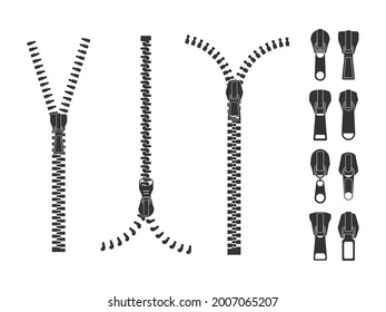 Set of different shape sliders for zippers. Zip pulls black lock stock collection.