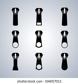 Set of different shape sliders for zippers, isolated on white background, design elements for cutting and sewing, vector illustration.
