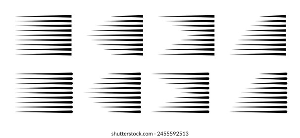 Set of different shape speed lines. Fast motion effect. Black horizontal action lines. Vector Illustration