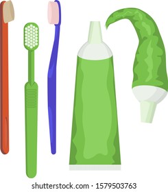 Set of different shape toothbrushes and tubes of toothpaste